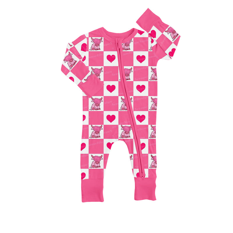 Baby Girls Western Valentines Pink Highland Cow Zip Rompers preorder(moq 5)