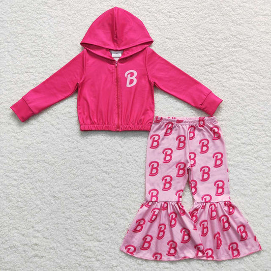 Baby Girls Pink B Doll Zip Hooded Tops Bell Pants Clothes Sets