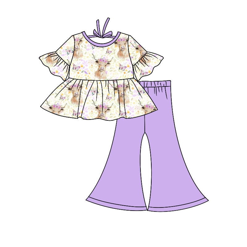 Baby Girls Western Highland Cow Lavender Floral Pants Bell Pants Sets Preorder(moq 5)
