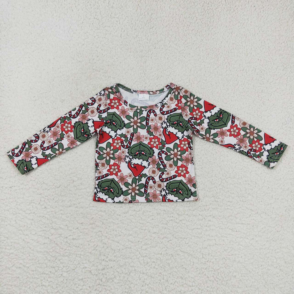 Baby Girls Christmas Green Frog Flowers Long Sleeve Tee Shirts Tops