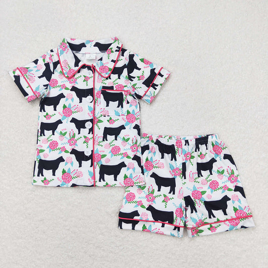Baby Girls Western Cows Pink Flowers Buttons Shirts Shorts Pajamas Clothes Sets