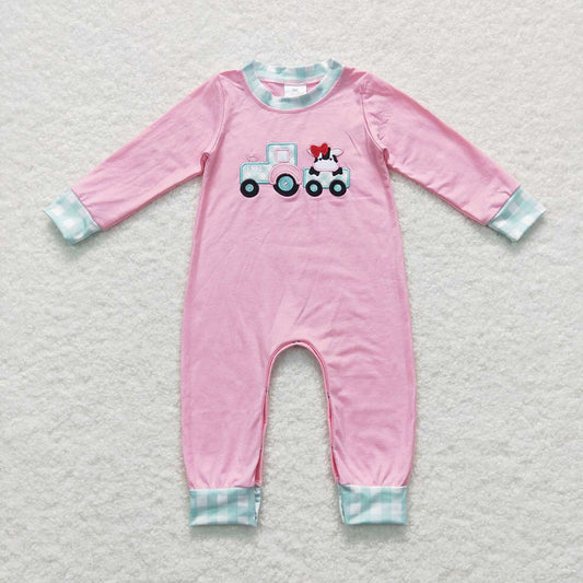 Baby Girls Pink Cow Tractor Farm Rompers