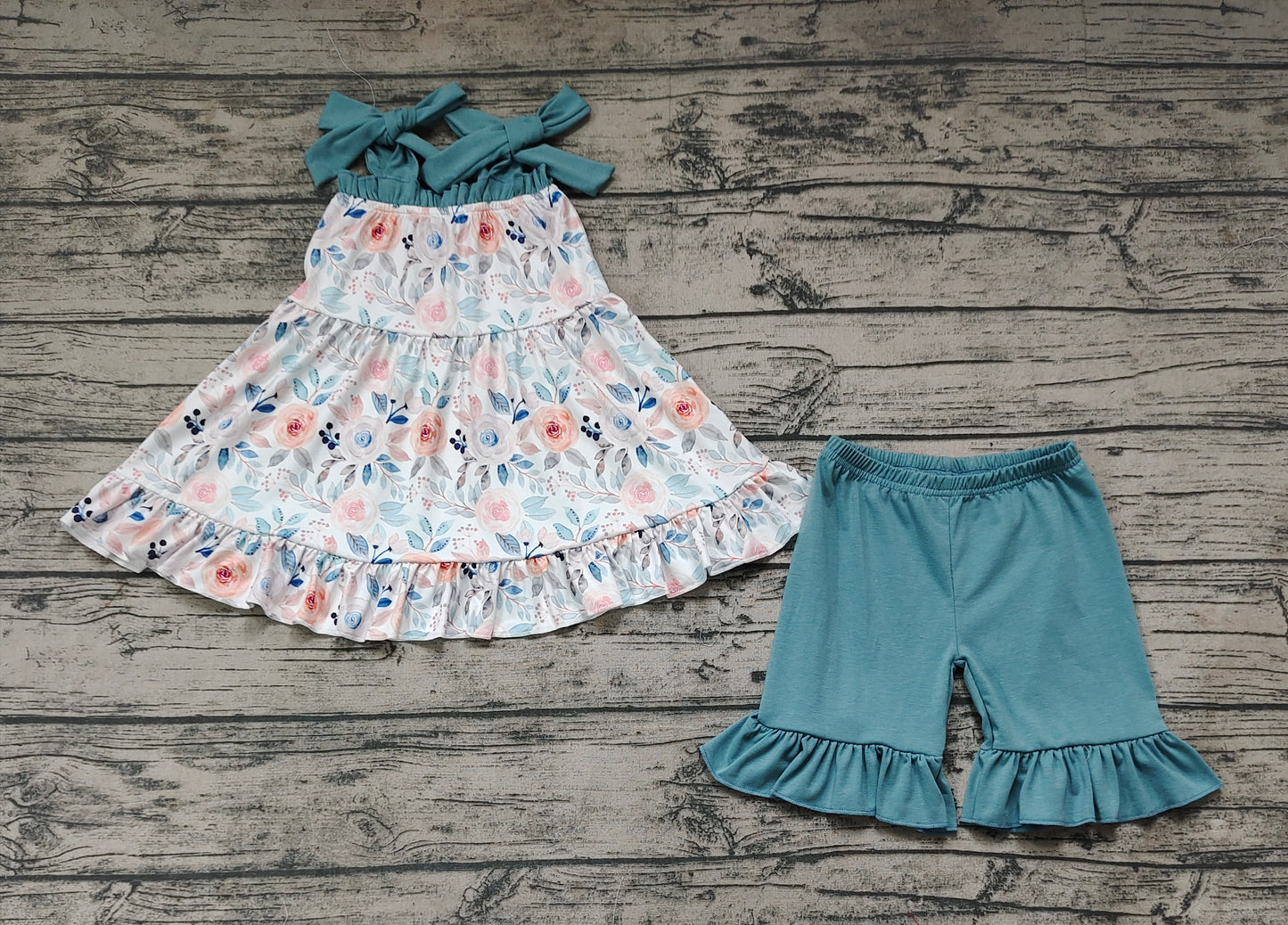 Baby Girls Dark Blue Flowers Straps Tunic Top Ruffle Shorts Clothes Sets