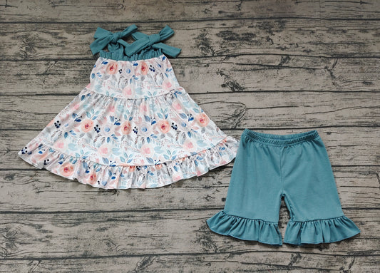 Baby Girls Dark Blue Flowers Straps Tunic Top Ruffle Shorts Clothes Sets