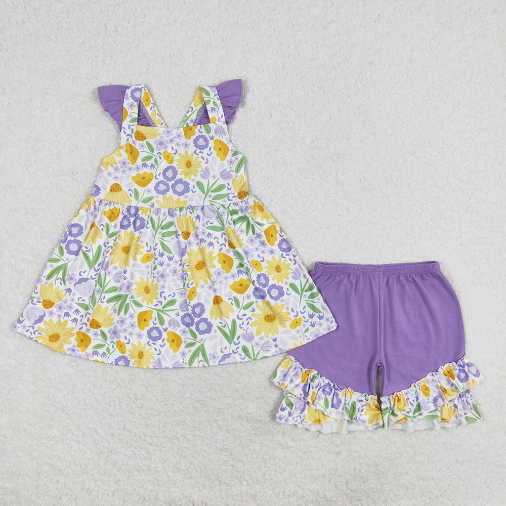 Baby Girls Purple Flowers Tunic Top Ruffle Shorts Clothes Sets