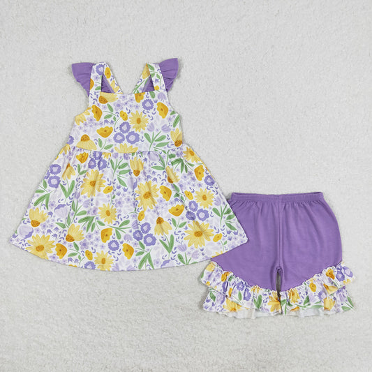 Baby Girls Purple Flowers Tunic Top Ruffle Shorts Clothes Sets