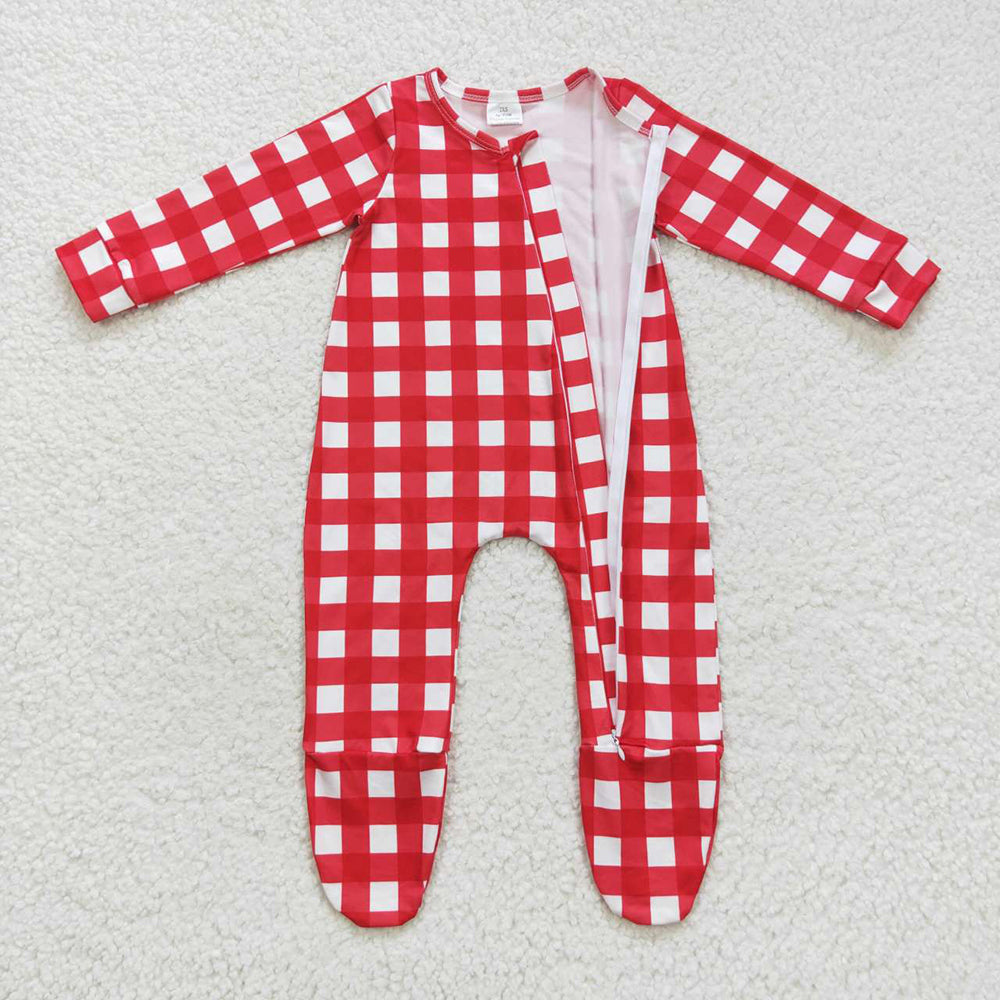 Baby Kids Zip Footie Christmas Red Checkered Color Winter Rompers