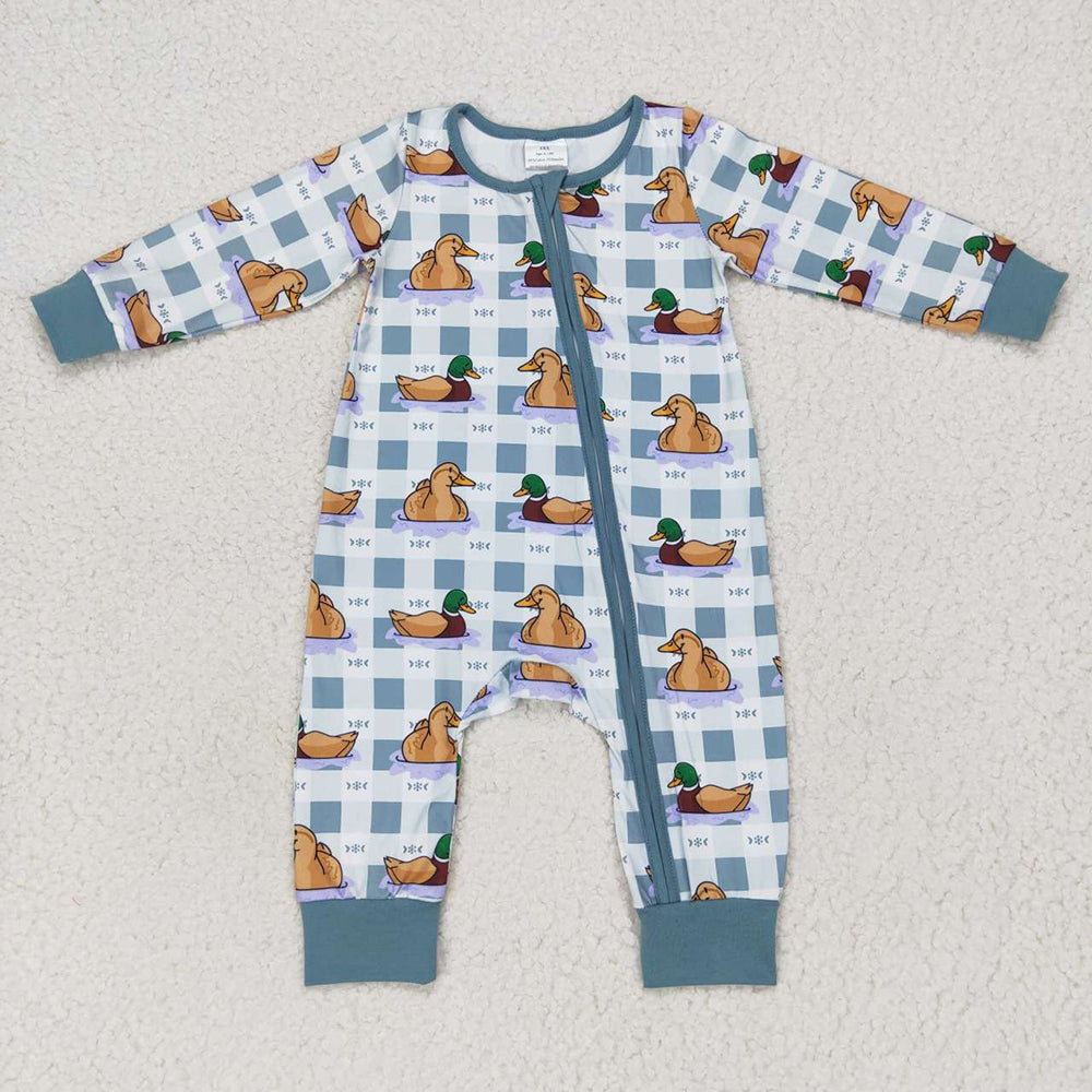 Baby Boys Duck Blue Checkered Zip Long Sleeve Rompers