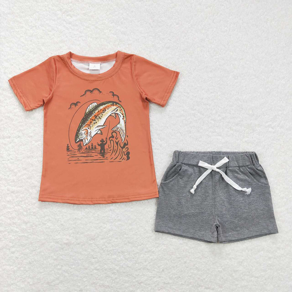 Baby Boys Orange Fishing Tee Shirts Grey Shorts Summer Clothes Sets