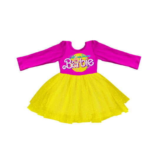 Baby Girls Pink Long Sleeve Yellow Sparkle Tutu Dresses preorder(moq 5)