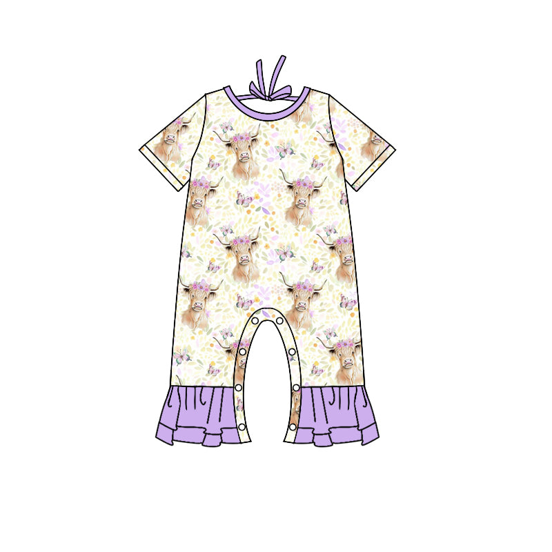 Baby Girls Western Lavender Floral Highland Cow Short Sleeve Rompers preorder(moq 5)