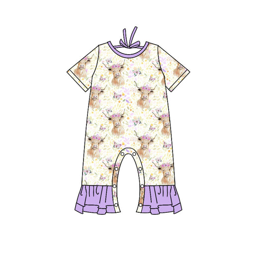 Baby Girls Western Lavender Floral Highland Cow Short Sleeve Rompers preorder(moq 5)