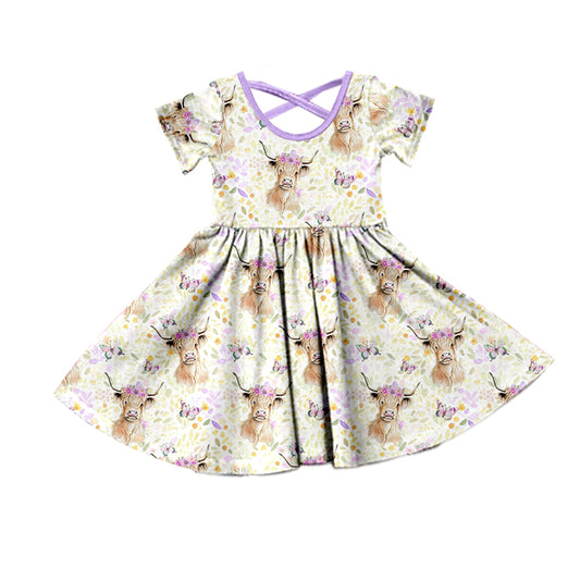 Baby Girls Western Lavender Floral Highland Cow Knee Length Dresses Preorder(moq 5)