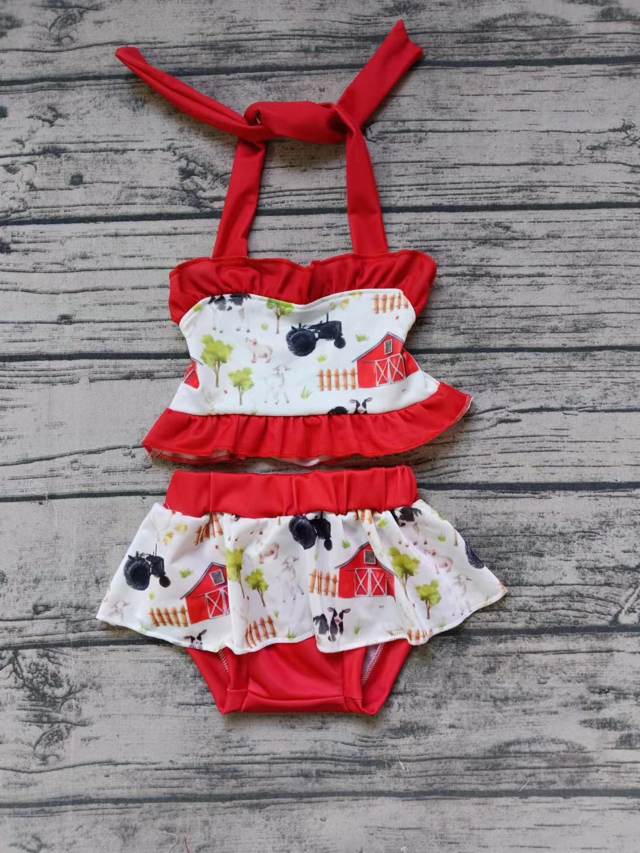 Baby Girls Farm Halter Ruffle Top Bummie Swimsuits Clothes Sets Preorder(moq 5)