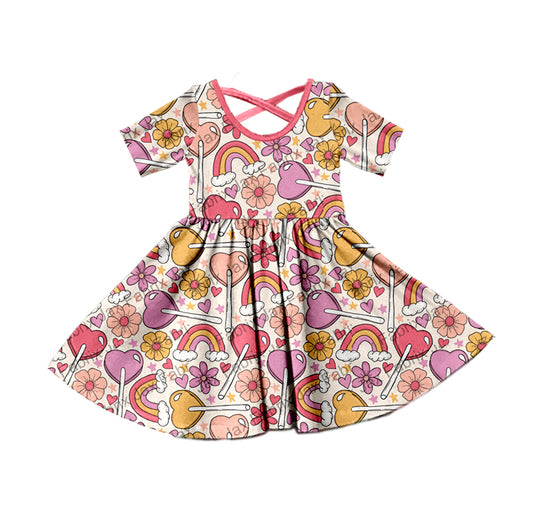 Baby Girls Short Sleeve Flowers Rainbow Knee Length Dresses Preorder(moq 5)