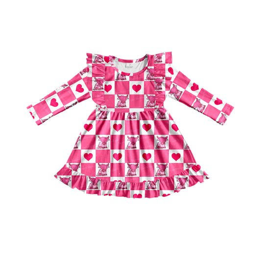 Baby Girls Western Pink Highland Cow Knee Length Ruffle Dresses Preorder(moq 5)