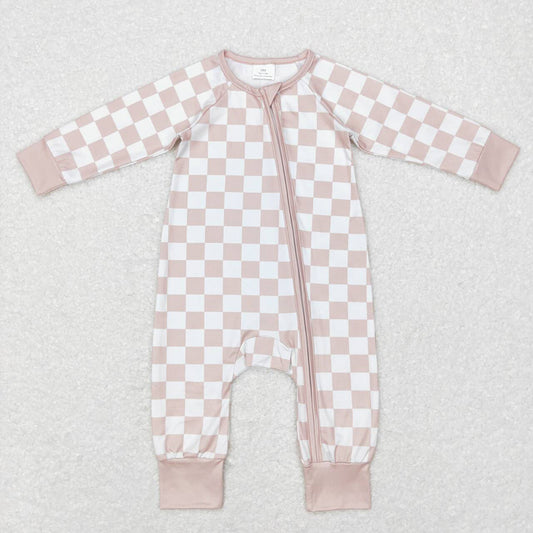 Baby Infant Girls Khaki Checkered Long Sleeve Zip Sleepers Rompers
