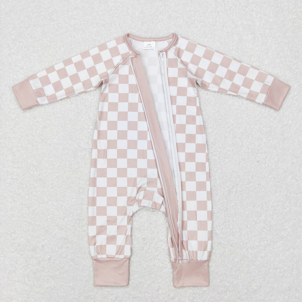 Baby Infant Girls Khaki Checkered Long Sleeve Zip Sleepers Rompers
