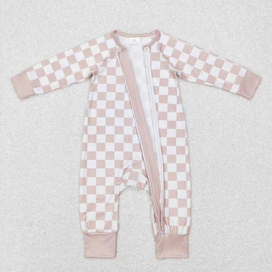 Baby Infant Girls Khaki Checkered Long Sleeve Zip Sleepers Rompers
