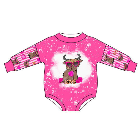 Baby Girls Western Valentines Pink Highland Cow Hearts Rompers preorder(moq 5)