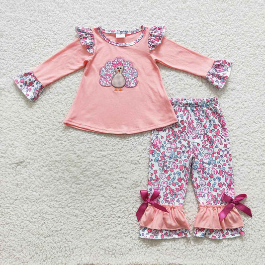 Baby Girls Thanksgiving Pink Turkey Tunic Pants Clothes Sets