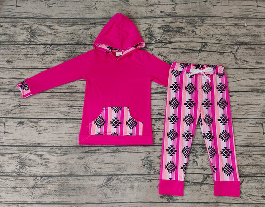 Baby Girls Aztec Hotpink Long Sleeve Hooded Top Pants Clothing Sets