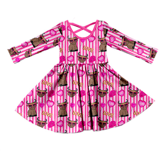 Baby Girls Western Pink Highland Cow Knee Length Love Dresses Preorder(moq 5)