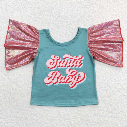 Santa Baby Girls Pink Christmas Flutter Sleeve Shirts Tops