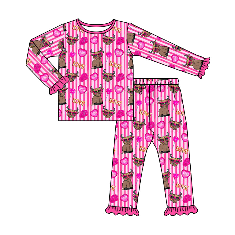 Baby Girls Western Highland Cow Pink Top Ruffle Pants Pajamas Sets Preorder(moq 5)