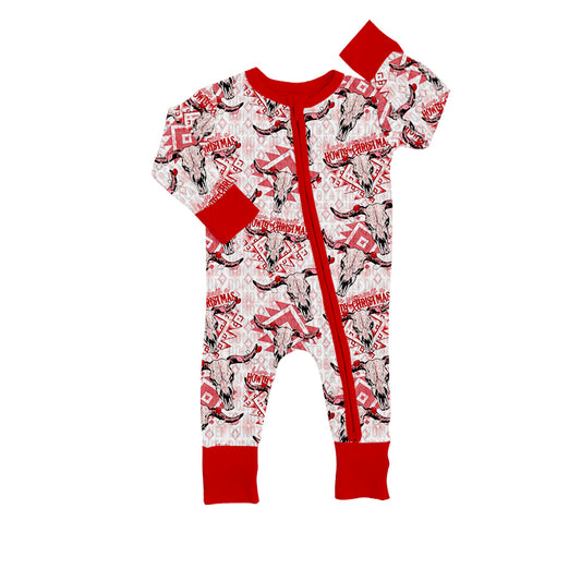 Baby Infant Christmas Howdy Cow Skull Long Sleeve Zip Rompers preorder(moq 5)