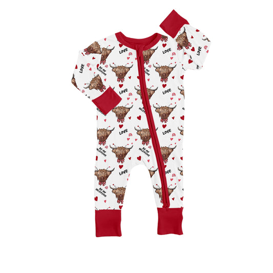 Baby Kids Western Valentines Red Highland Cow Hearts Zip Rompers preorder(moq 5)