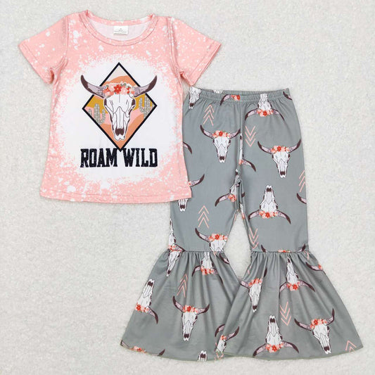 Baby Girls Cow Skull Cactus Short Sleeve Tee Shirts Bell Pants Clothes Sets