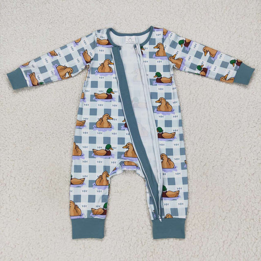 Baby Boys Duck Blue Checkered Zip Long Sleeve Rompers