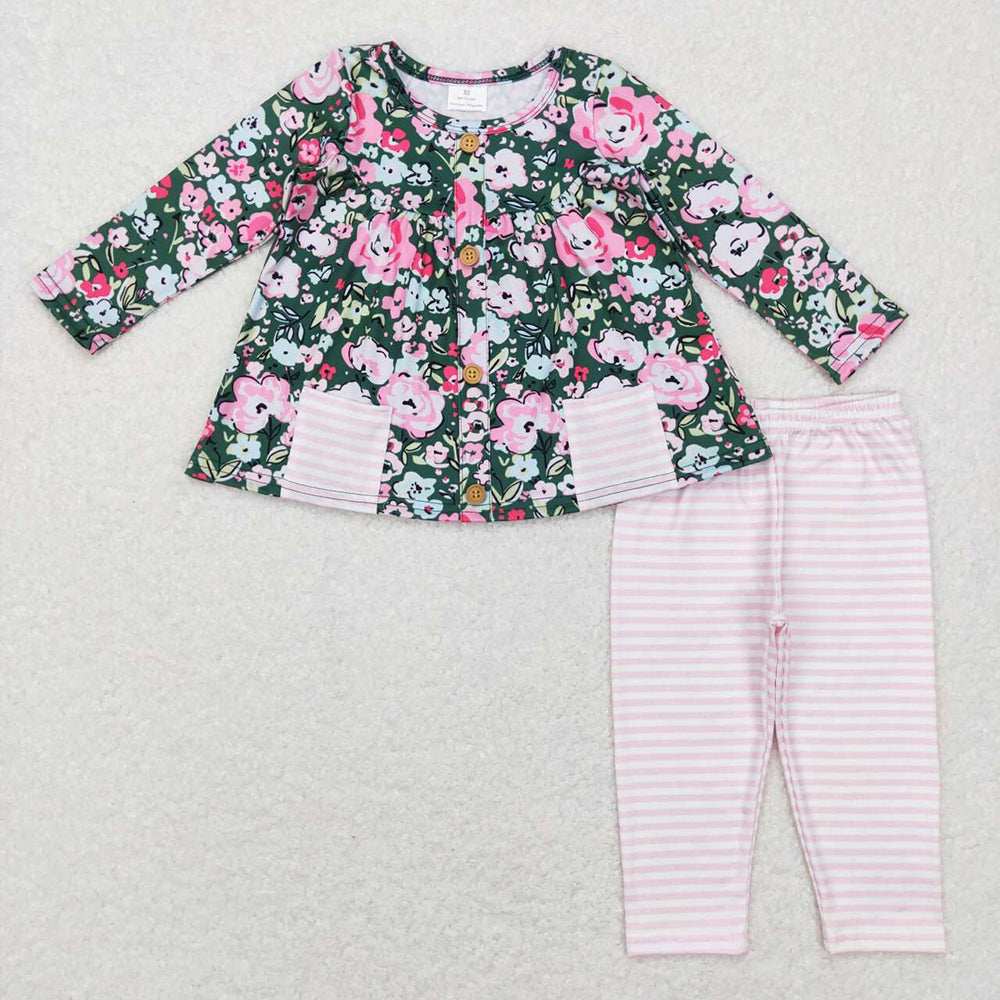 Baby Girls Long Sleeve Green Floral Pocket Tunic Legging Pants Clothing Sets