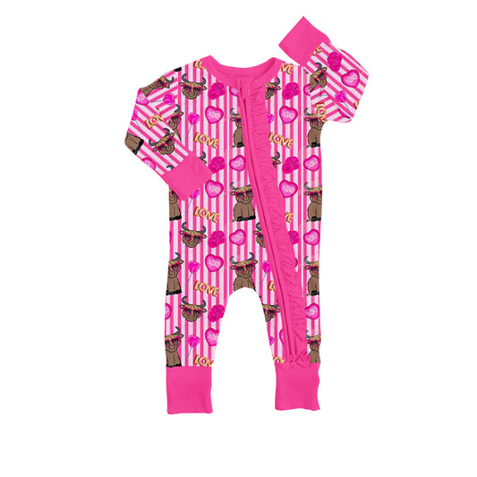 Baby Girls Western Valentines Pink Highland Cow Hearts Zip Rompers preorder(moq 5)