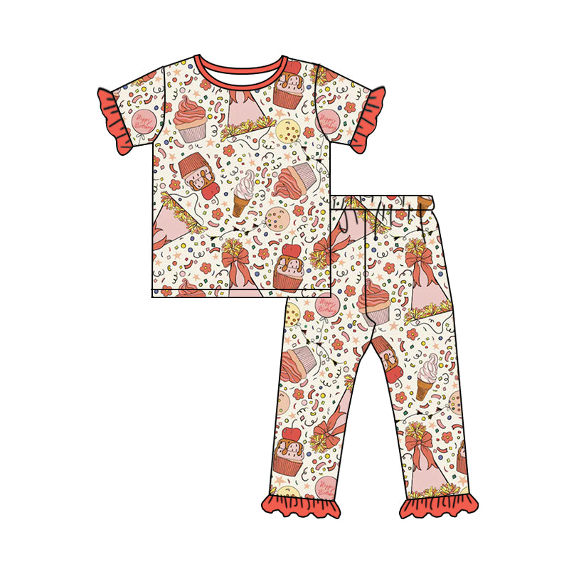 Baby Girls Cup Cake Birthday Shirts Pants Pajamas Sets Preorder(moq 5)