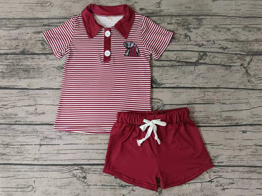 Baby Boys Dark Red Stripes Elephant A Team Short Sleeve Tee Shirt Shorts Clothes Sets preorder(moq 5)