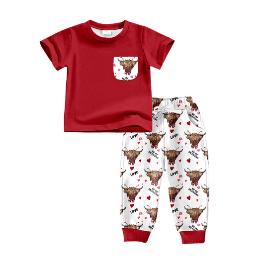 Baby Boys Western Highland Cow Red Pocket Top Pants Sets Preorder(moq 5)