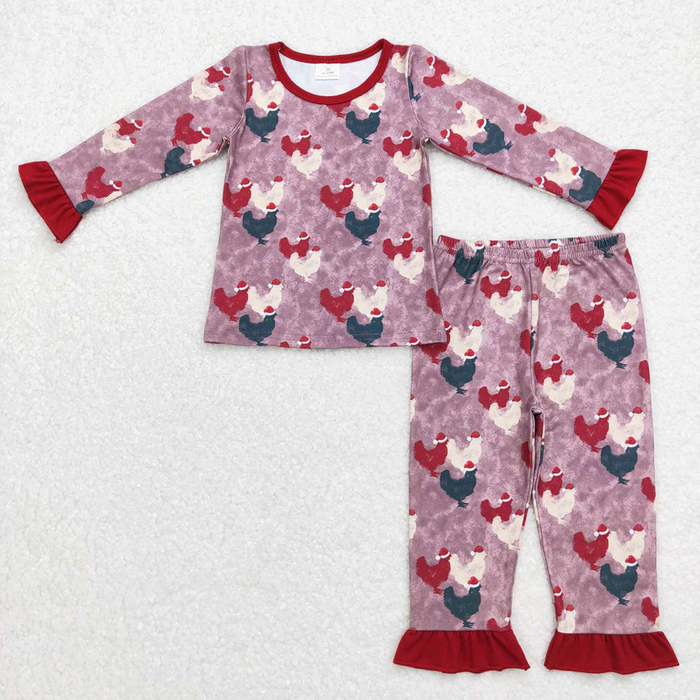 Baby Girls Christmas Farm Chickens Tops Ruffle Pants Pajamas Sets