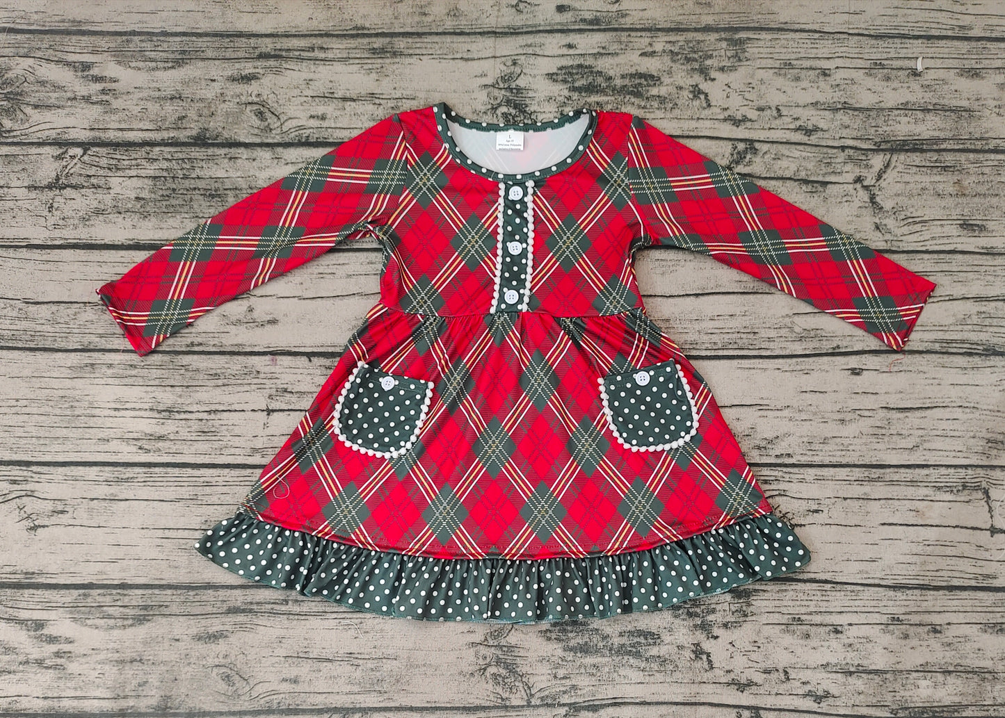 Baby Girls Christmas Red Green Checkered Pockets Knee Length Dresses