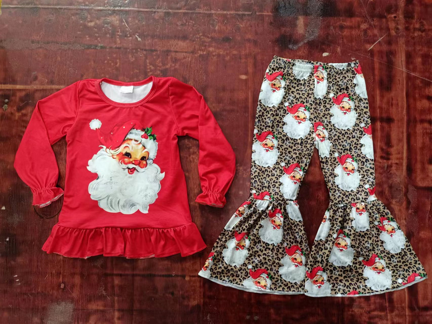 Baby Girls Red Santa Top Leopard Bell Pants Clothing Sets preorder(moq 5)