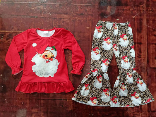 Baby Girls Red Santa Top Leopard Bell Pants Clothing Sets preorder(moq 5)