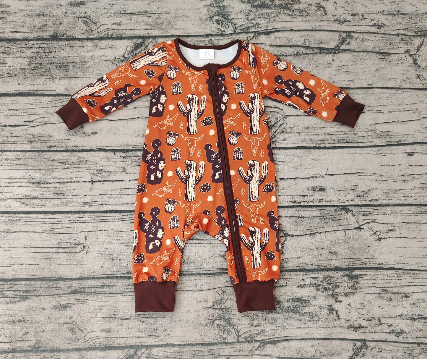 Baby Infants Kids Cactus Brown Western Long Sleeve Rompers
