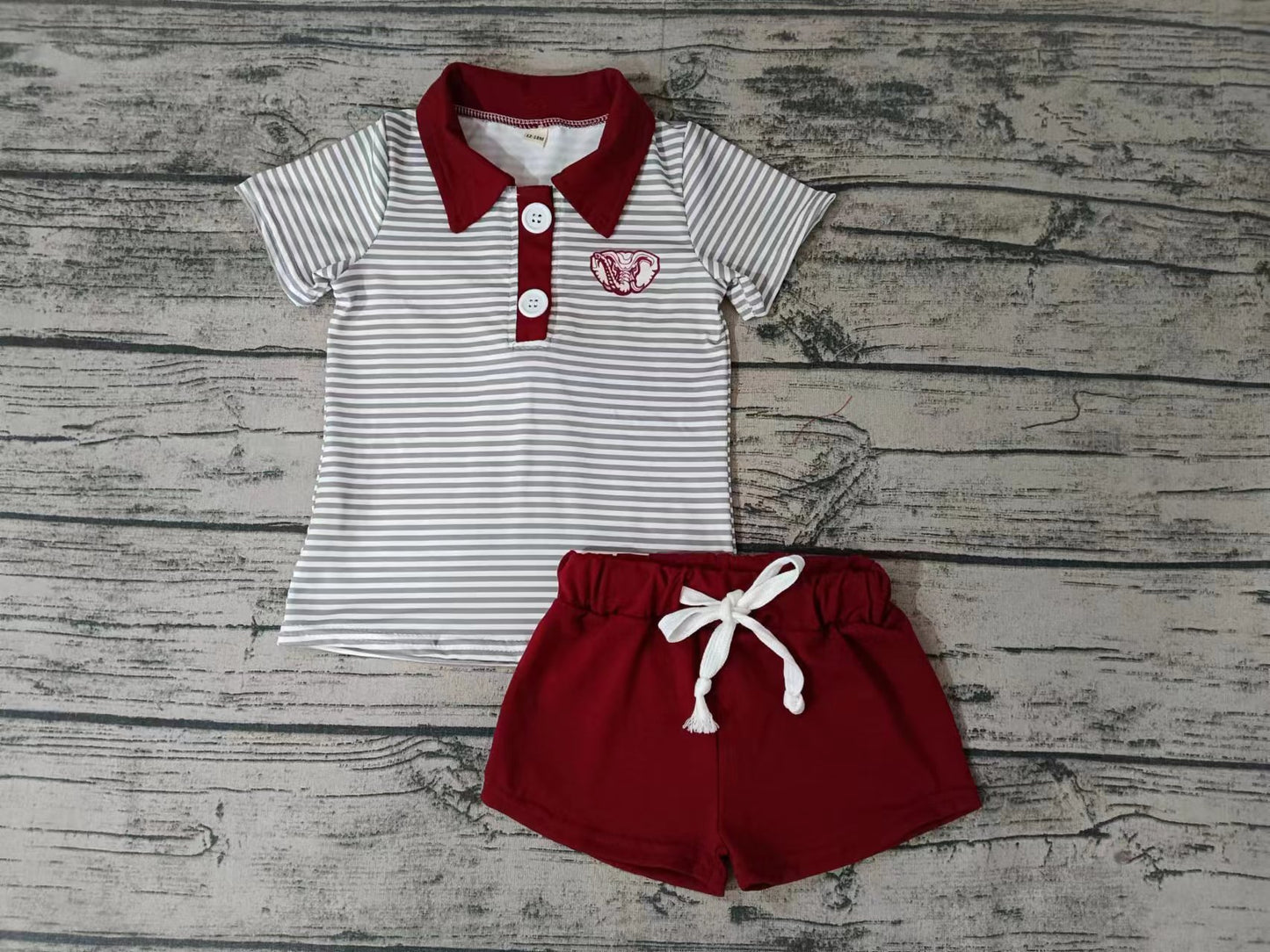 Baby Boys Dark Red Stripes Elephant Team Short Sleeve Tee Shirt Shorts Clothes Sets preorder(moq 5)