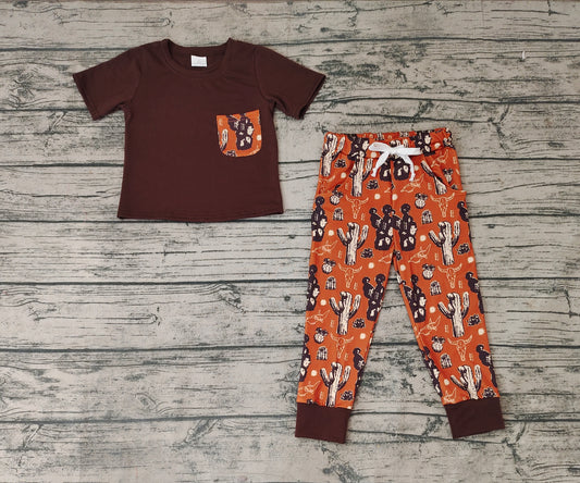 Western Baby Boys Short Sleeve Pocket Shirt Cactus Pants Clothes Sets