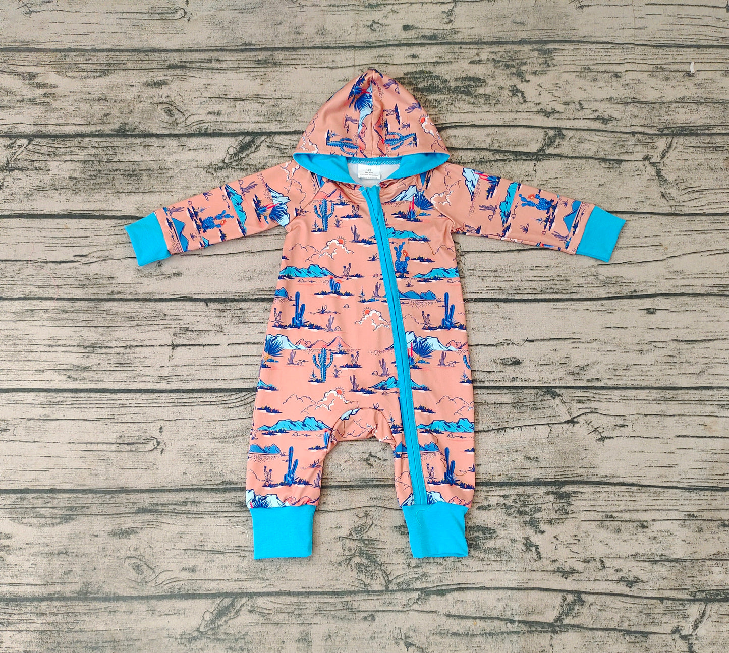 Baby Infant Hooded Western Cactus Zip Long Sleeve Rompers