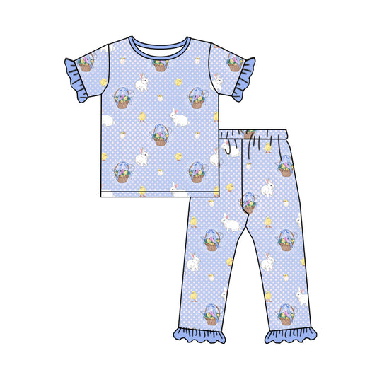 Baby Girls Easter Rabbit Dots Short Sleeve Ruffle Pants Pajamas Preorder(moq 5)