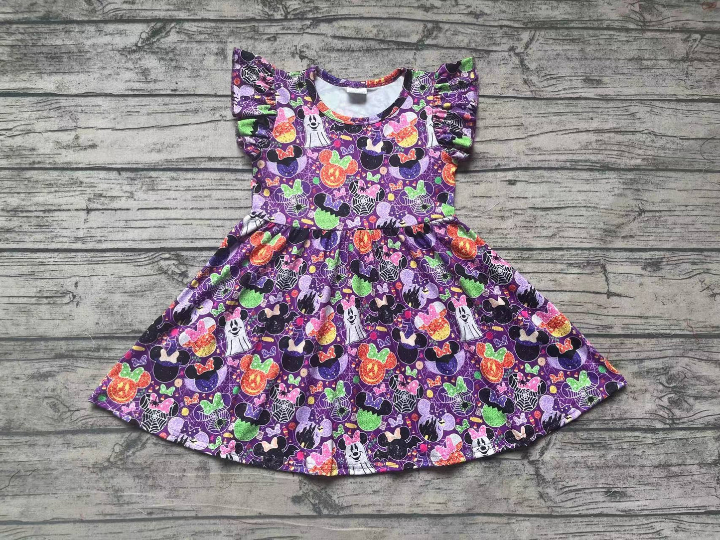 Baby Girls Halloween Purple Cartoon Ghost Flutter Sleeve Dresses