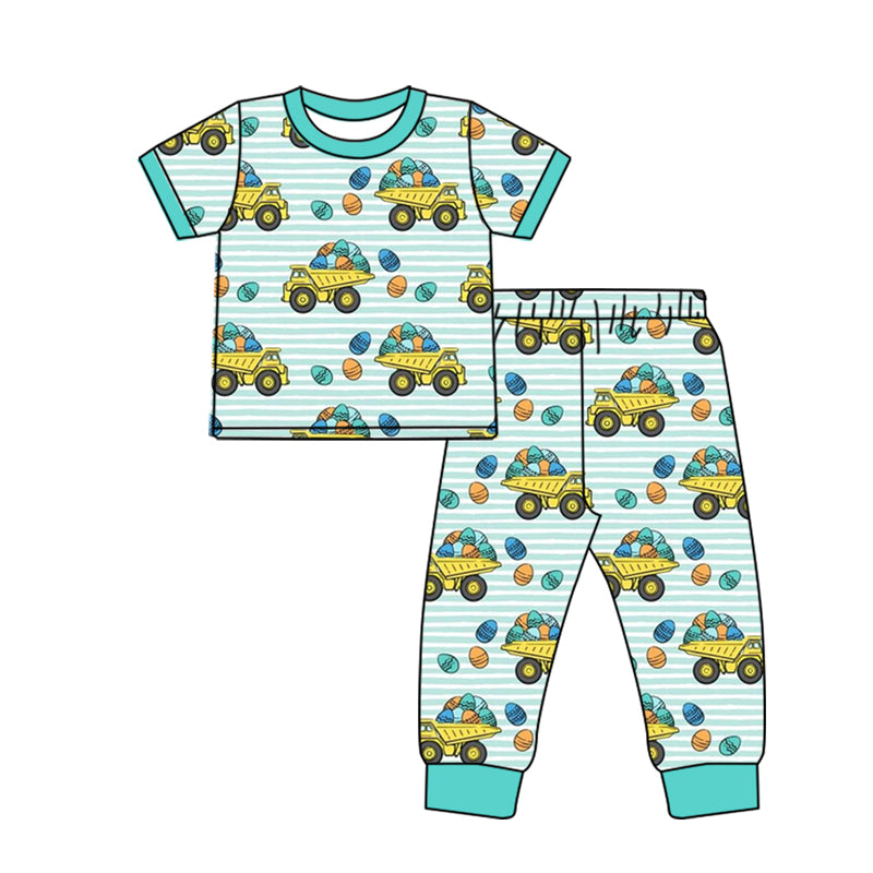 Baby Boys Blue Stripes Tractors Eggs Tee Bottom Pants Pajamas Clothes Sets preorder(moq 5)