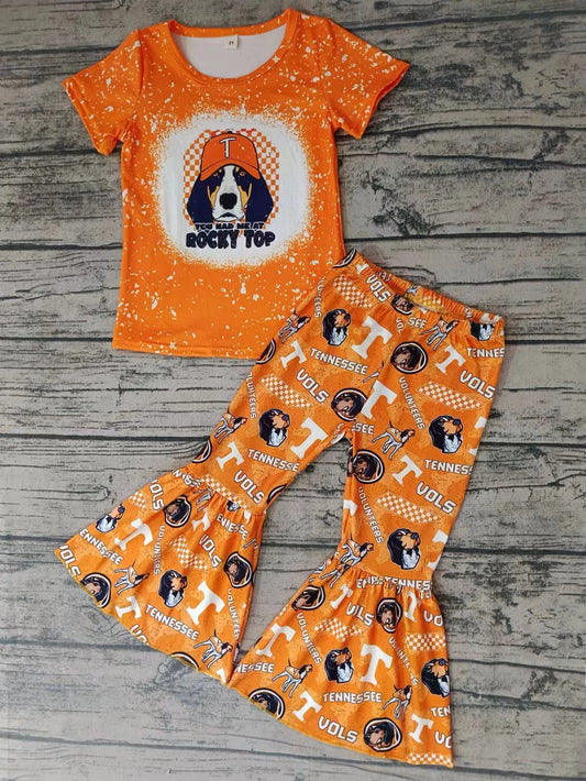 Baby Girls Dog Team Short Sleeve Top Orange Bell Pants Clothes Sets preorder(moq 5)